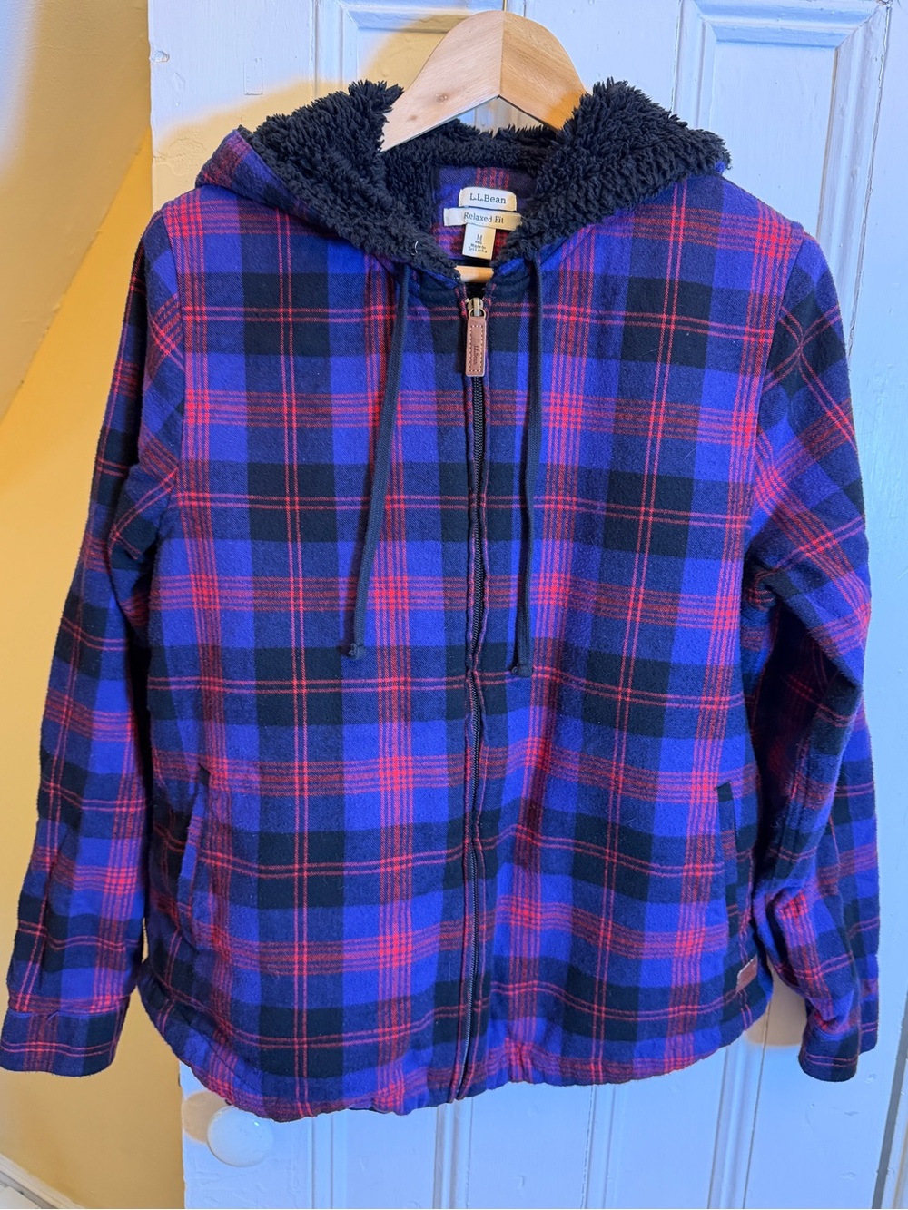 L.L.Bean Sherpa Lined Plaid Zip Hoodie Jacket Women’s M Relaxed Blue Red